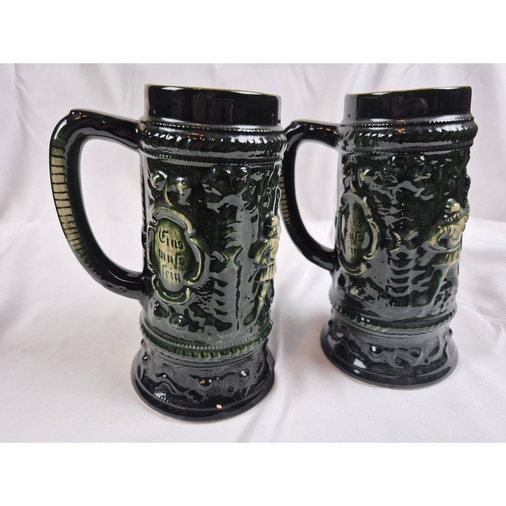 Vintage Set 2 German Beer Steins‎ Gus Und Rein Relief Green Stoneware Mugs